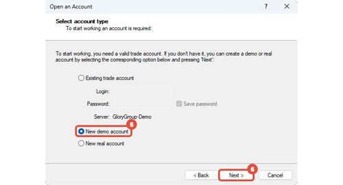 Step three for creating FXGlory demo account via MT4