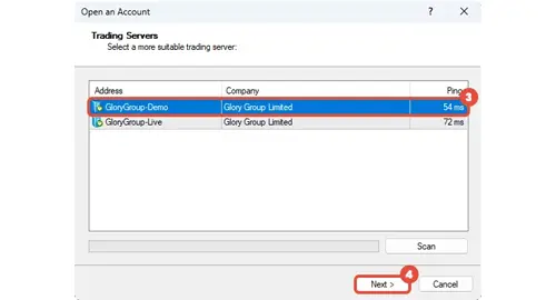 Step two for creating FXGlory demo account via MT4