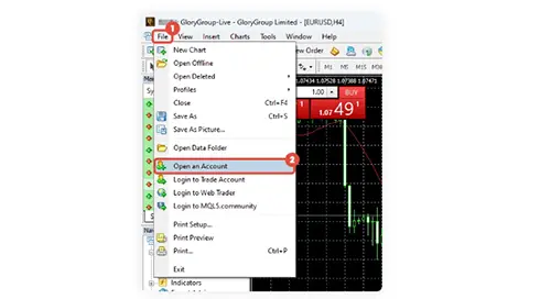 Step one for creating FXGlory demo account via MT4